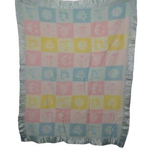 Vintage Satin Trim Baby Blanket Acrylic Pink Blue Yellow Owl Moon Anchor Chick
